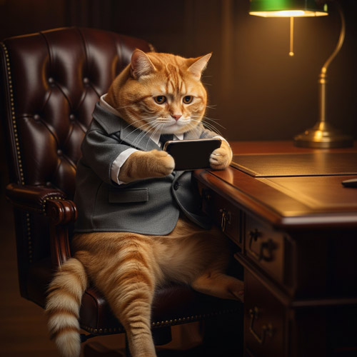 Smutny szef, kot firmy ogląda Filmy na smartfonie.